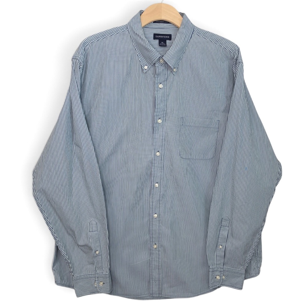 Lands End Mens Dress Shirt XL 17-17.5 100% Supima Cotton Striped Button Blue